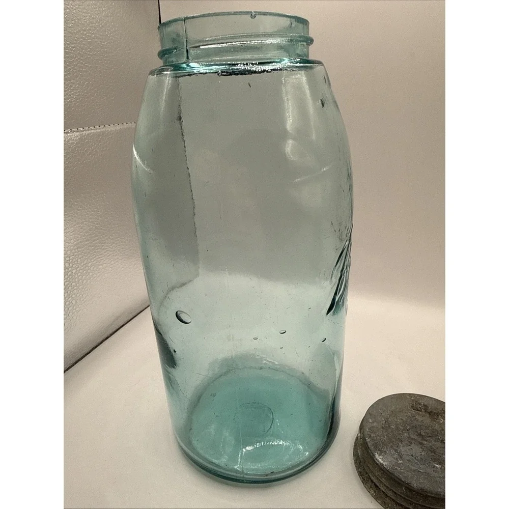 Vtg Blue Green Ball Perfect Mason Half Gallon Jar Zinc Lid Insert IV BUBBLES #12